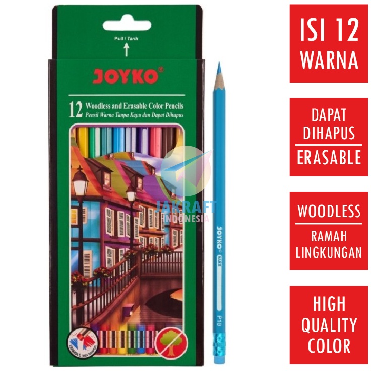 

Potongan Harga 12 Pcs Pensil Warna 12 Warna Panjang Bisa Dihapus JOYKO Erasable Color Pencil CP19 High Quality