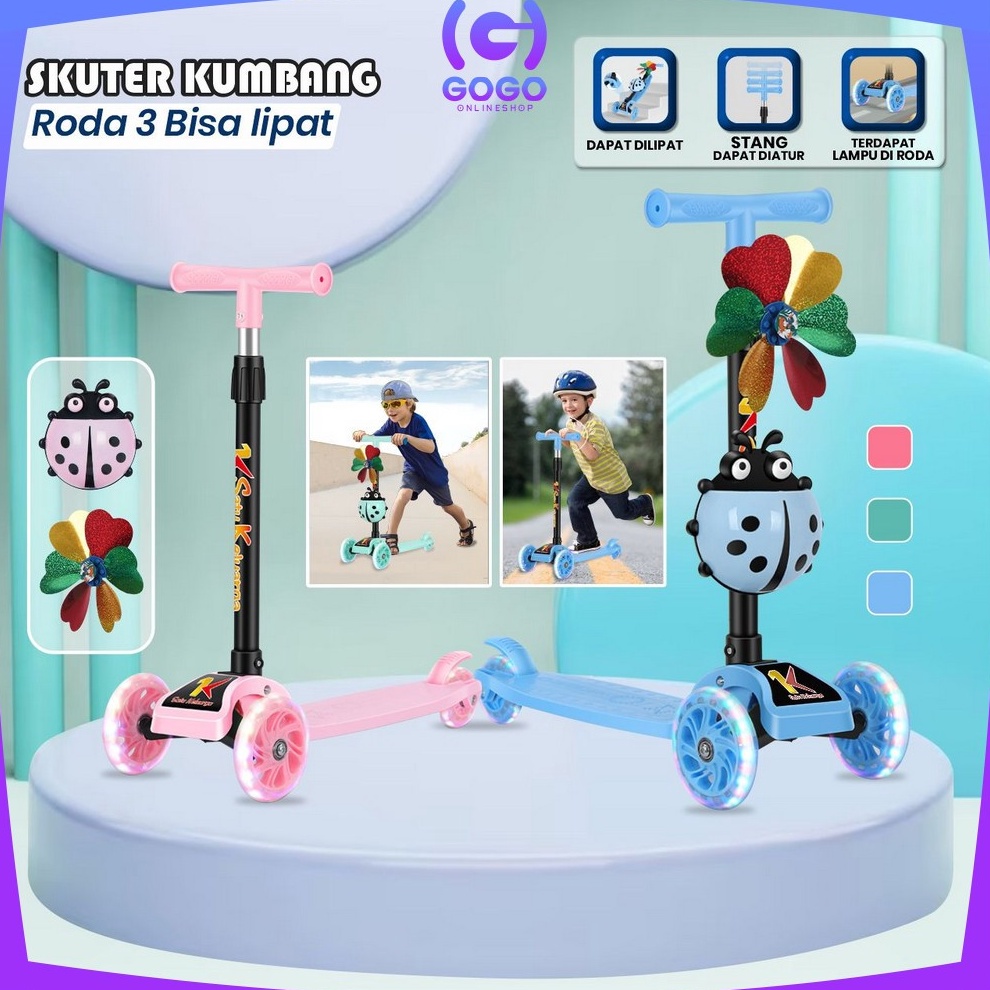KODE F4W3 GOGOM95 Mainan Otopet Scooter Anak Otoped Kumbang Skuter Anak Roda 3 Bisa Lipat Lampu LED 