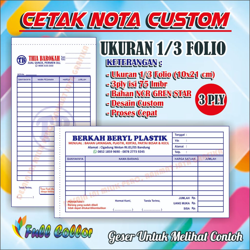 

Cetak Nota Custom 3ply Nama Sendiri Ukuran 1/3 Folio Free Desain Min. order 3 buku dan kelipatannya