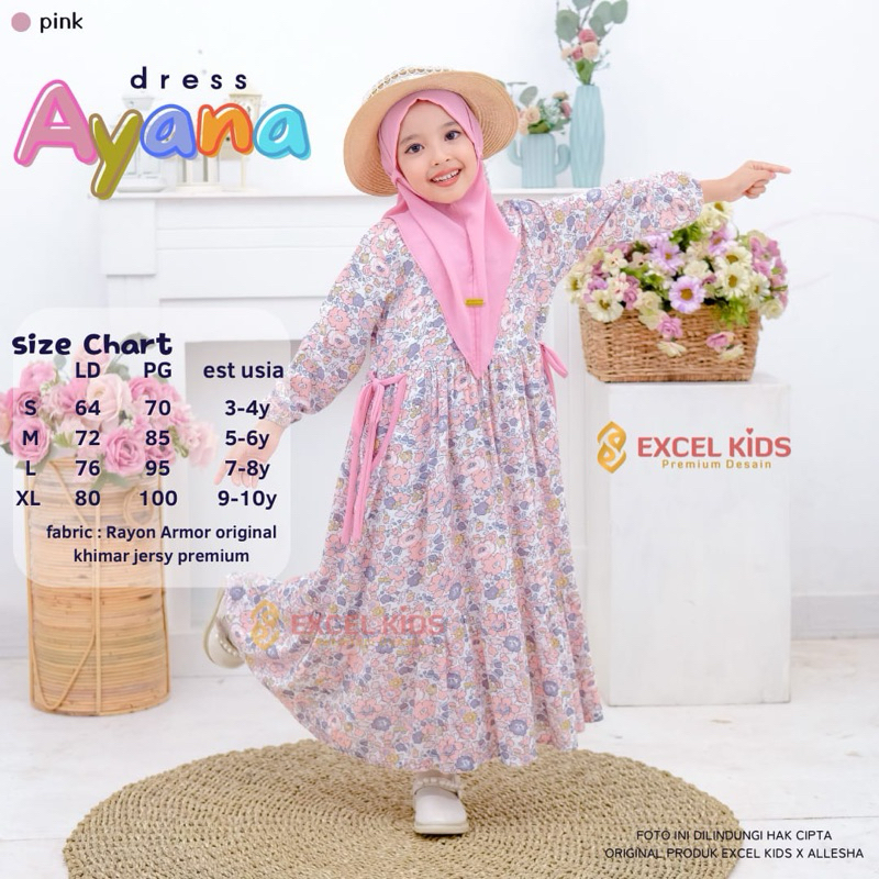 Gamis anak perempuan umur 3 sampai 9 tahun Gamis anak premium ayana dress ori excel kids