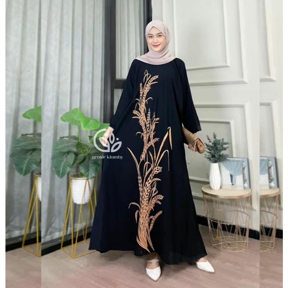 Kaftan Wanita - Daunda Kaftan Size Jumbo XXXXL Motif Daun Lengan Panjang Busui Resleting by Nadira_Fashion / Gamis Rayon Jumbo Kaftan Terbaru-padi black