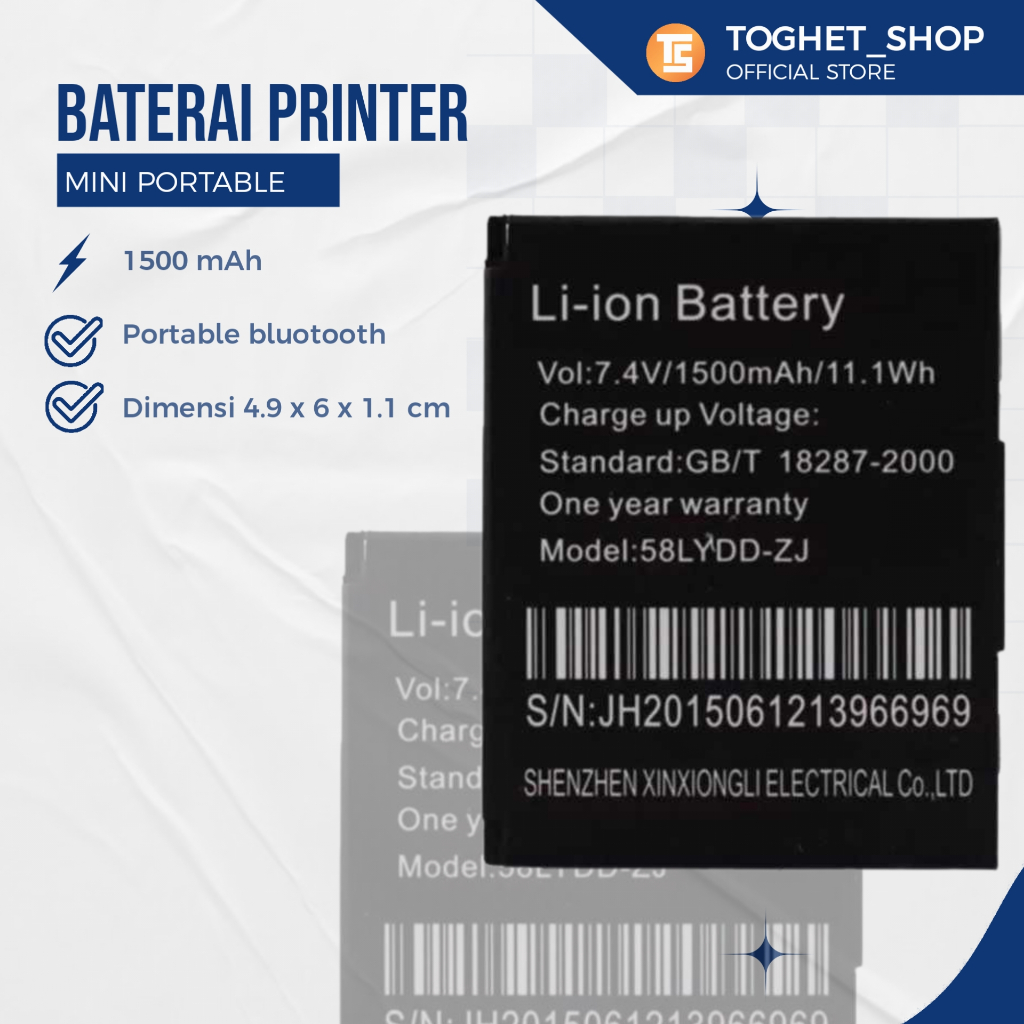 Baterai Printer Zjiang Mini Portable Bluetooth Thermal 5805/5802/5807 Baterai Pengganti Cadangan Pri