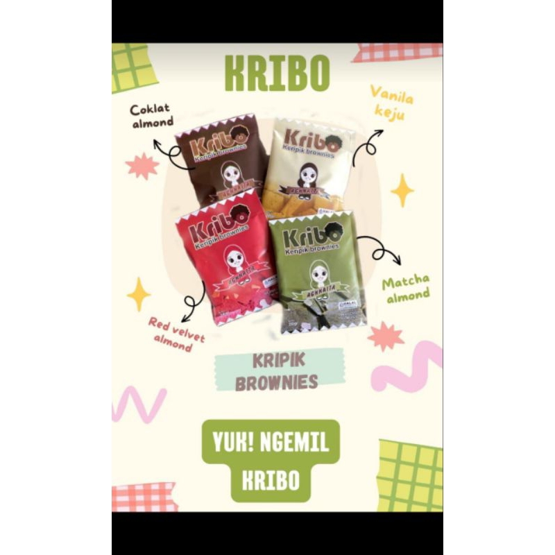 

KRIBO Keripik Brownies Varian rasa cokelat chococips Matcha almond Vanila keju Red Velvet| Snack | Cemilan | Makanan ringan