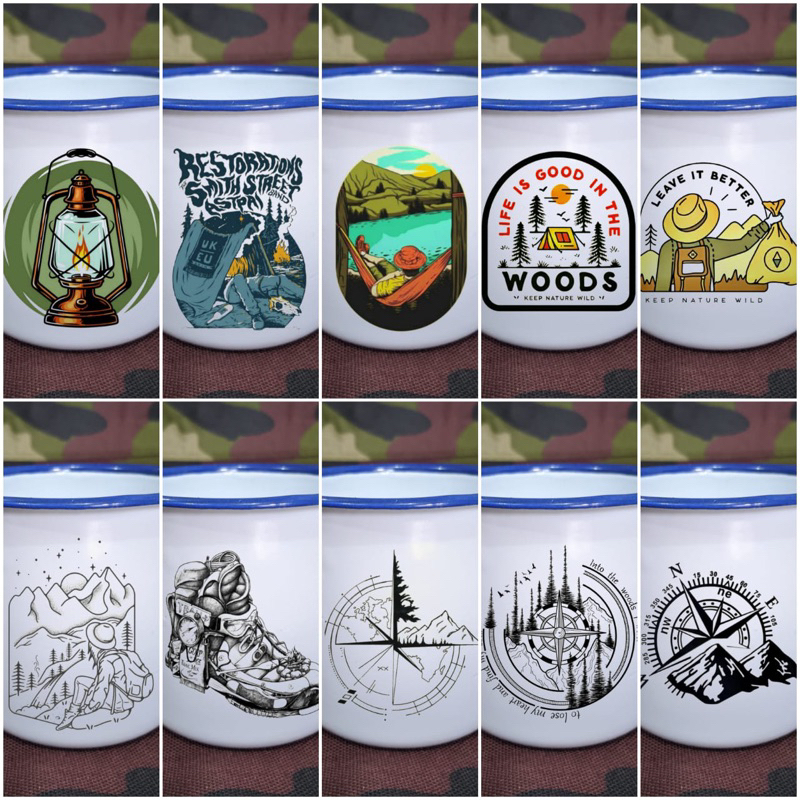 Cangkir Mug Enamel Kaleng Souvenir Desain Gunung Camping Hiking Lentera Tenda Alam #20