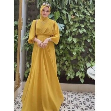 Gamis Dress Ceruti Kondangan Lebaran Raya Polos Warna Lemon Kuning Lime Jumbo Cantik Terbaru 2024 XX