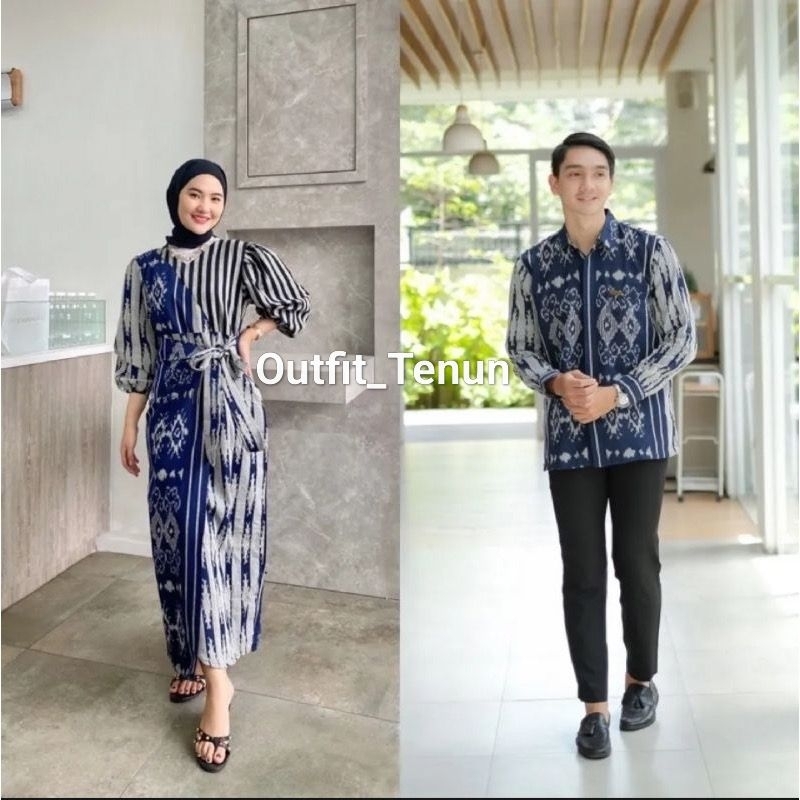 Couole Tenun Marline Dres Abu Navy baju pria wanita kondangan prewedding dinas guru kartinian