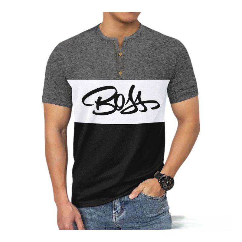 kaos kancing pria stripes kombinasi sablon boss