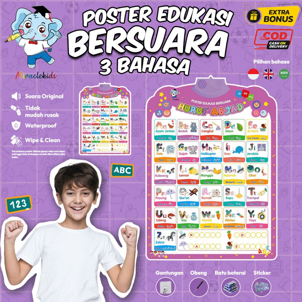 Poster belajar anak huruf abjad membaca mendengarkan bahasa indonesia inggris arab