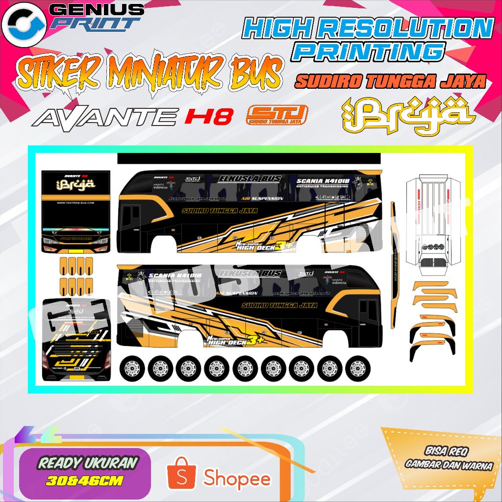 Stiker Miniatur Bus Avante H8 Sudiro Tungga Jaya (STJ) #3 Uk. 30/46cm