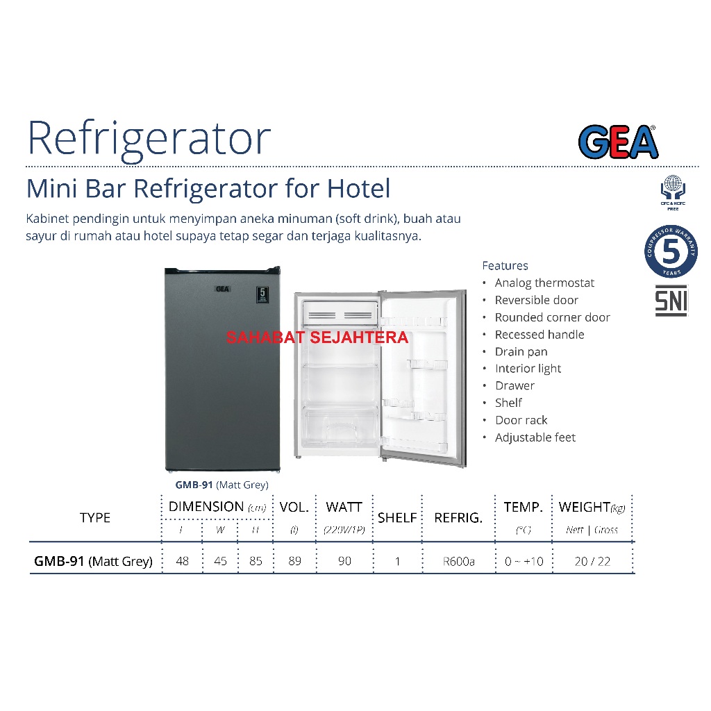 GEA Mini Bar Refrigerator GMB-91 Matt Grey Kulkas 1 Pintu