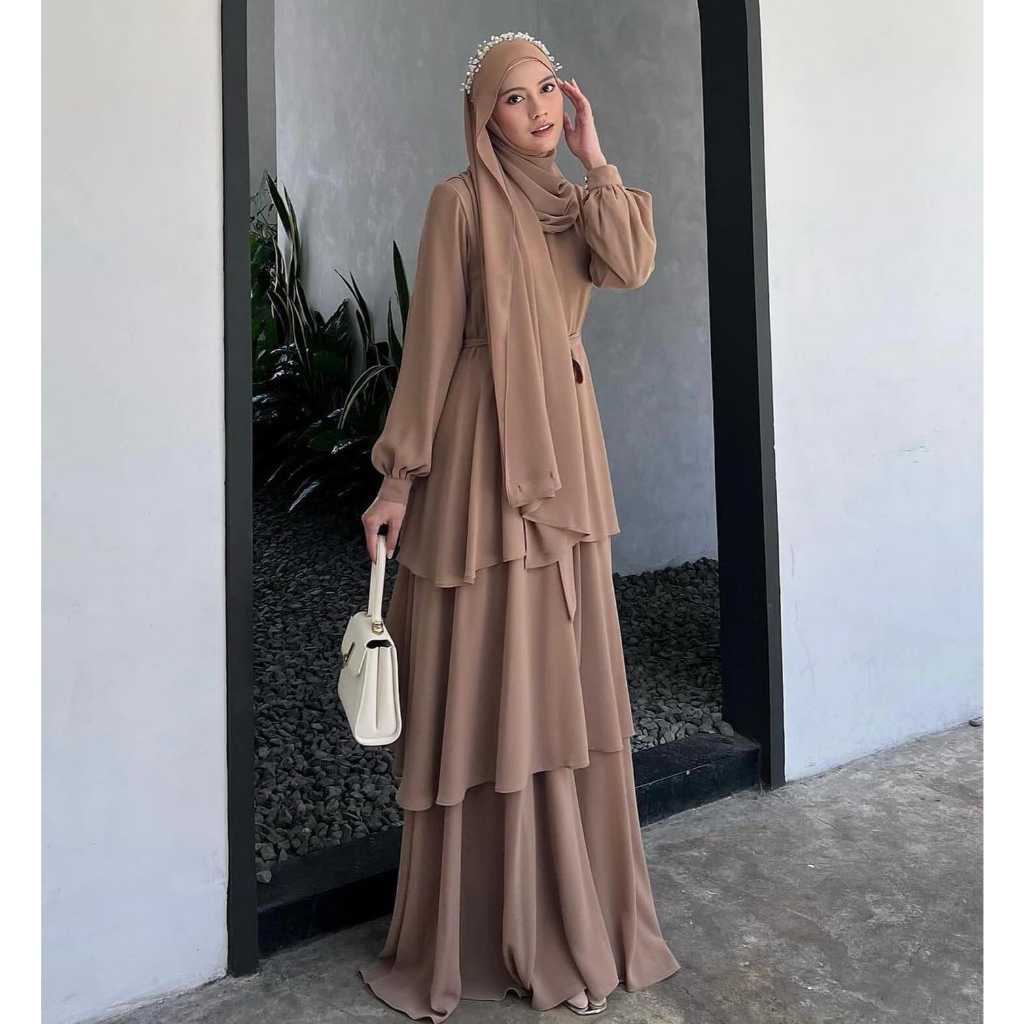 Gamis Pesta Bahan Ceruty Babydoll NADEERA Long Dress Set Pashmina Full Furing