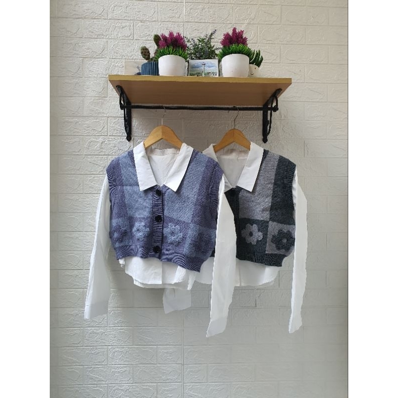 Set Wanita Kemeja Polos Vest Rajut Crop Terbaru