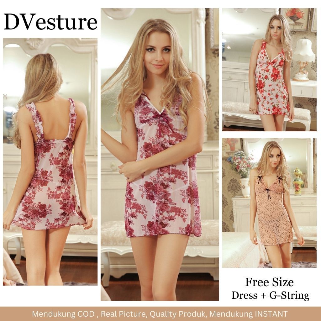 Lingerie Seksi Set D-103 Dress Floral Suspender Pakaian Dalam Baju Tidur Wanita Dewasa Seksi Baju Di