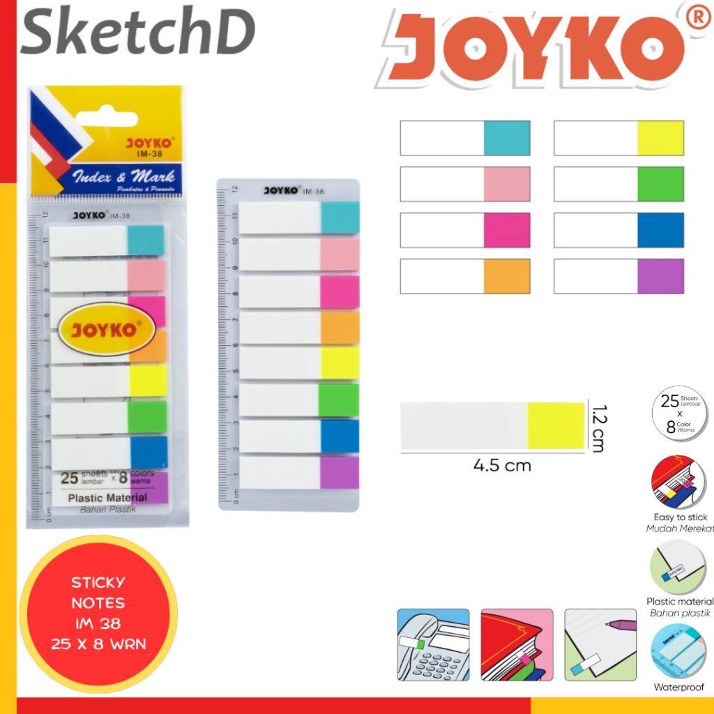 

Memo Tempel Plastik Joyko IM 38 Sticky Notes Index & Mark 8 warna