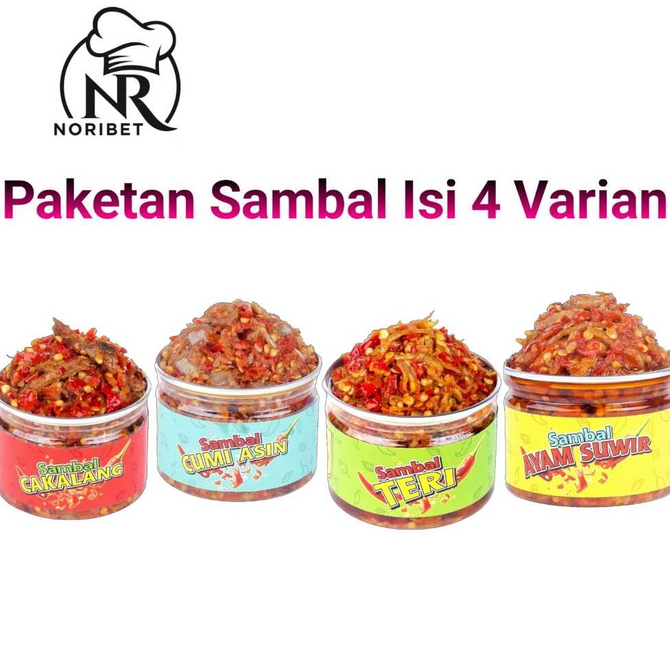 

New Product NR Noribet Paket 4 Set Sambal Ikan Cakalang Cumi Asin Teri Medan Ayam Suwir