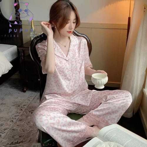 Pupuy Baju Tidur Korea Premium Leopard Piyama Remaja Dewasa Satin Setelan Kancing Baju Tidur Wanita 