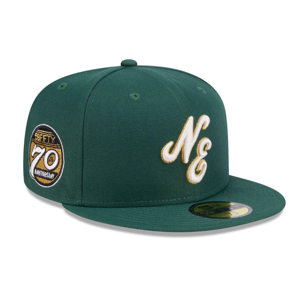 Topi New Era 59Fifty Day 70th Anniversary Dark Green NE Script Logo 59Fifty Fitted Cap 100% Original