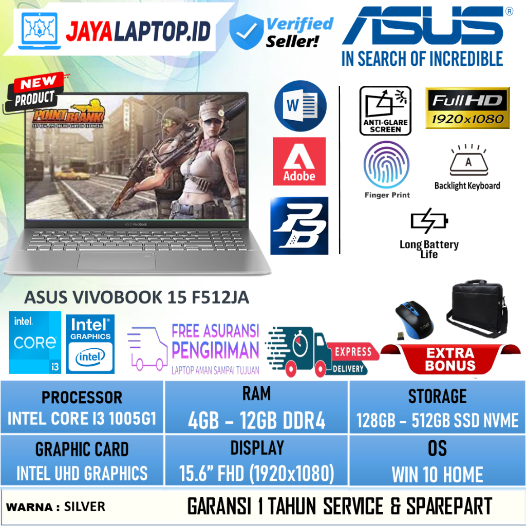 LAPTOP ASUS VIVOBOOK 15 F512JA INTEL I3 1005G1 RAM 12GB 512GB SSD FULL HD