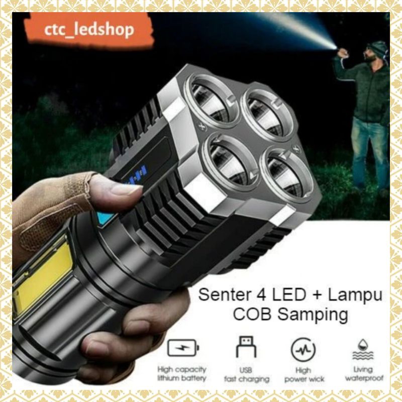 senter cas portable led 4 mata 48w super terang senter cas charger senter led multifungsi lampu sent
