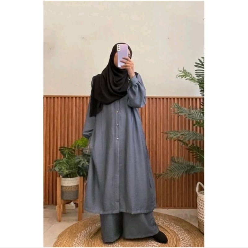 ASIMA | One Set Tunik Polo Linen Premium Setelan Wanita