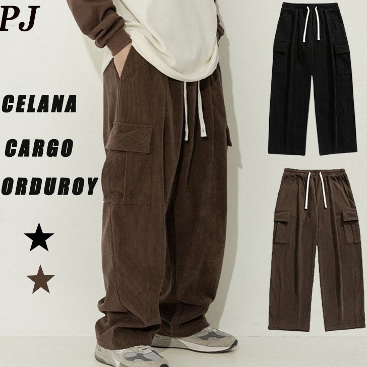 Free Ongkir celana cargo corduroy pria cokelat celana Kargo panjang pria hitam Loose Pants celana go