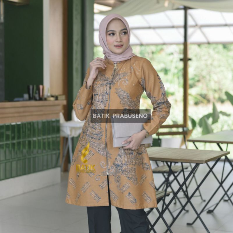 Tunik Batik Prabuseno Motif  Udarati Kuning Dobby Premium Lapis Trikot Modern Elegan Baju Wanita Can