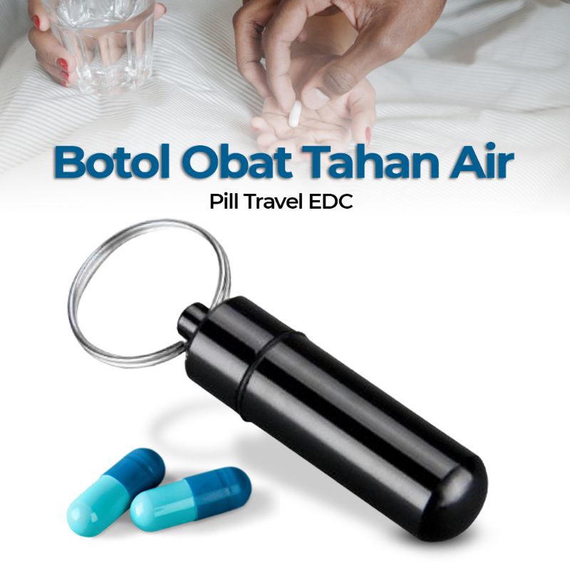 Botol Obat Mini Gantungan Kunci Botol Tahan Air Botol Obat Pill Alumunium Matches Capsule Warna Hita