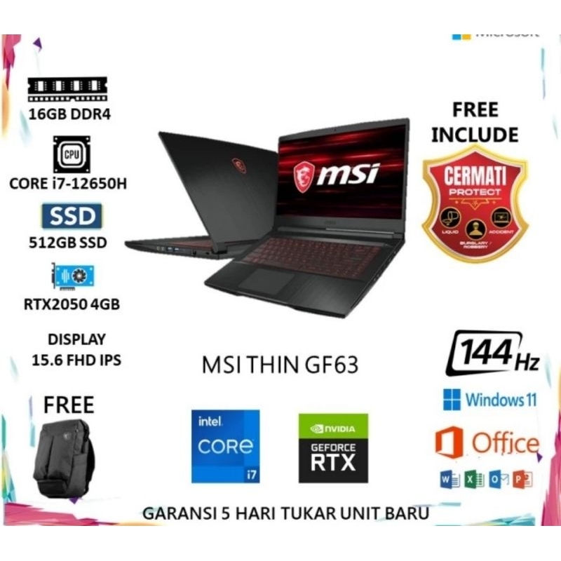 LAPTOP MSI THIN GF63 INTEL CORE i7-12650H RTX2050