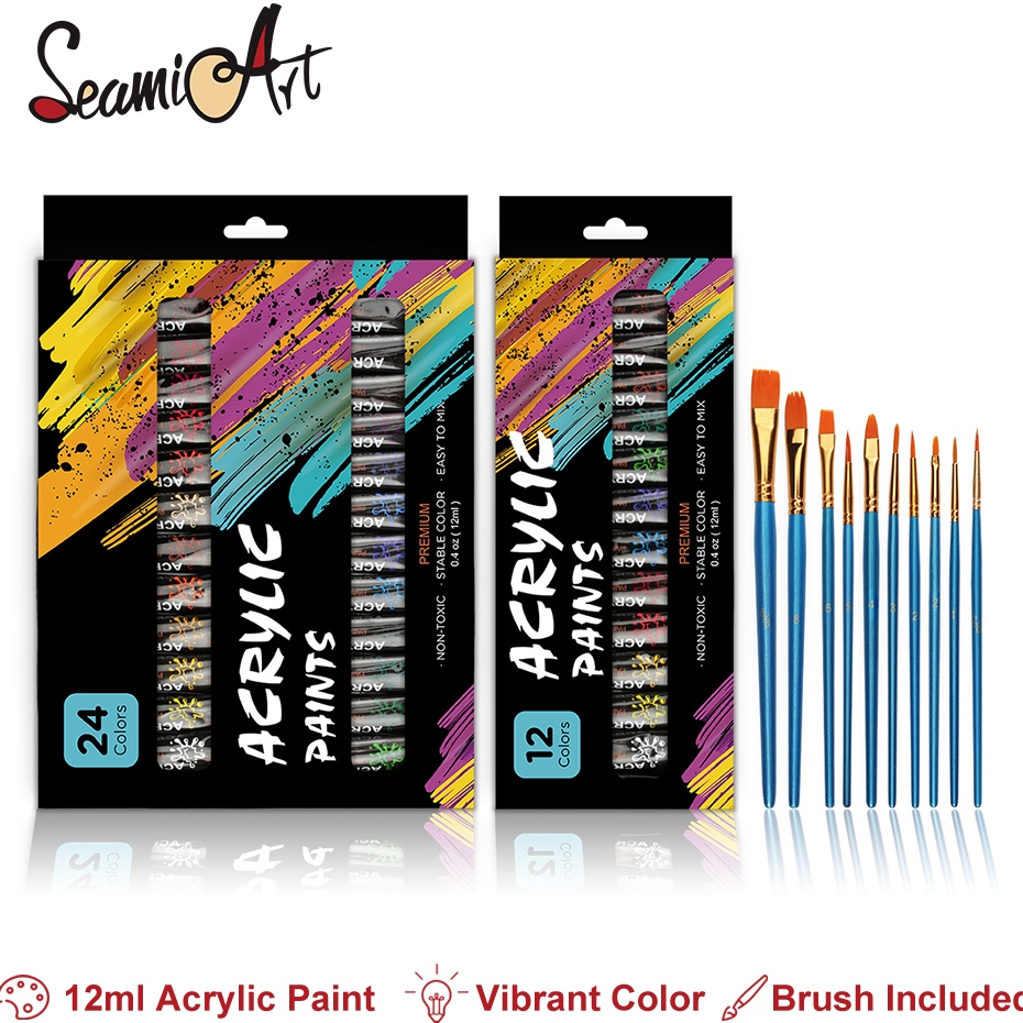 

Super Obral SeamiArt 12 24color Acrylic Paint Set 12ml Tube Acylic with 1pcs Painting Brush Cat akrilik 12 24 Warna