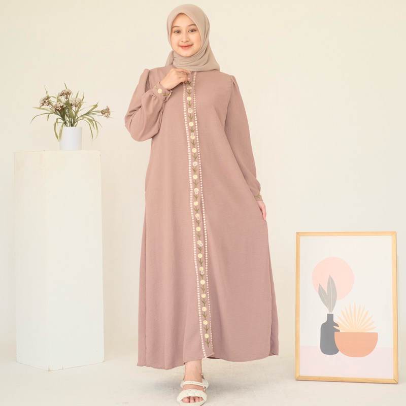 Womscloth - Midi Dress Crinkle Bordir - Dress Lebaran Busui Kancing Lengan Panjang - Gamis Wanita Muslim Terbaru-1