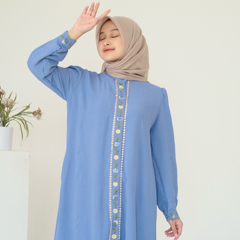 Womscloth - Midi Dress Crinkle Bordir - Dress Lebaran Busui Kancing Lengan Panjang - Gamis Wanita Muslim Terbaru-3