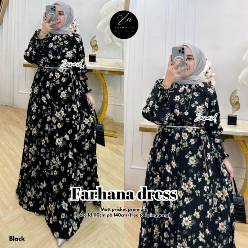 {Realpict} Farhana gamis plisket premium motif bunga dress wanita kekinian baju lebaran wanita terba