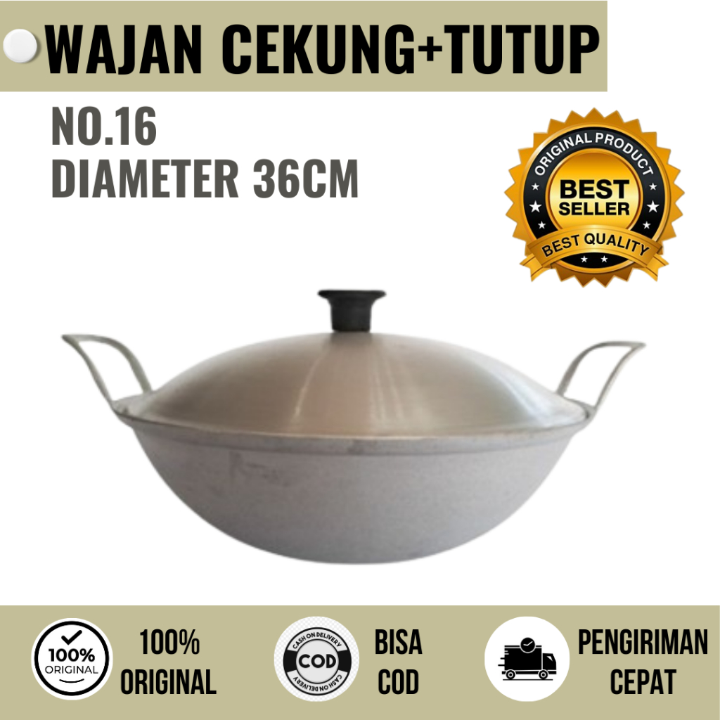 Wok Pan / Wajan Cekung Tutup No.16 Kuali Katel Alumunium