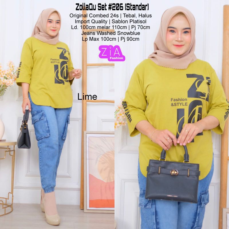 ZIA SET ZOLLAQU 206/SETELAN WANITA ATASAN COMBAD MIX CELANA JEANS WASH