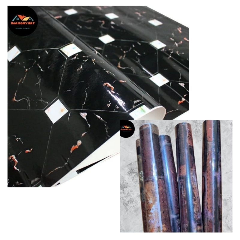 HA-Wallpaper Aesthetic Sticker Dinding Elegant Motif Marmer Hitam Kotak Putih Dan Batu Bata Coklat