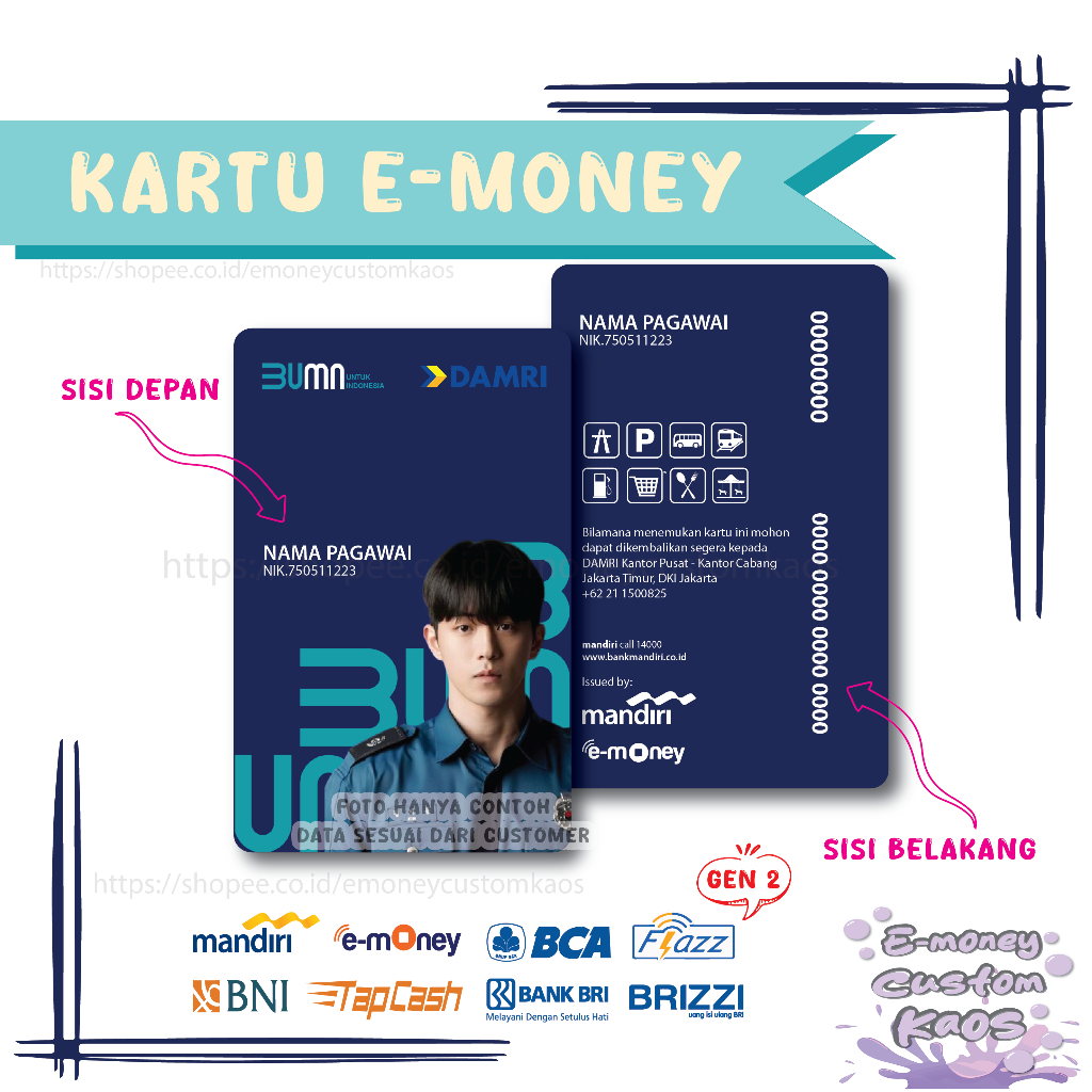 

KARTU EMONEY ID CARD DAMRI BUMN E MONEY ETOLL MANDIRI FLAZZ BCA GEN 2 BNI TAPCASH BRIZZI BRI NAME TAG - 2 SISI