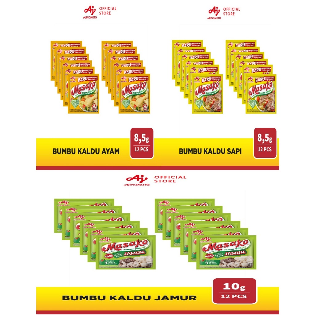 

MASAKO AYAM 8.5 GRAM / MASAKO SAPI 8.5 GRAM / MASAKO JAMUR 10GR , BUMBU KALDU BUMBU MASAK ISI 1 RENCENG 12 SACHET PENYEDAP RASA