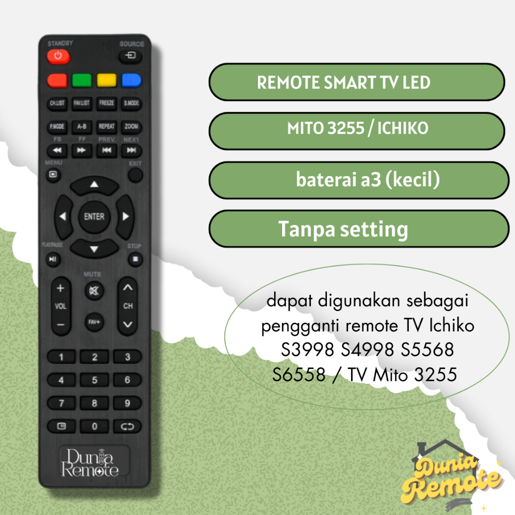 Remot Remote TV ICHIKO / MITO Smart TV LED LCD (S3998 S4998 S5568 S6558) tanpa setting