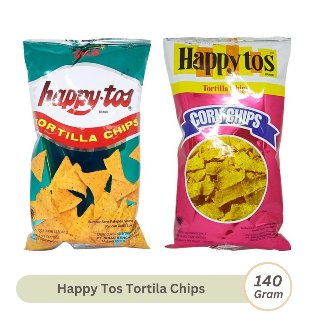 

Happy Tos Tortila Chips Original / Cheese 140gr Kripik Jagung Gurih Asin Happytos Merah / Hijau Corn Crips