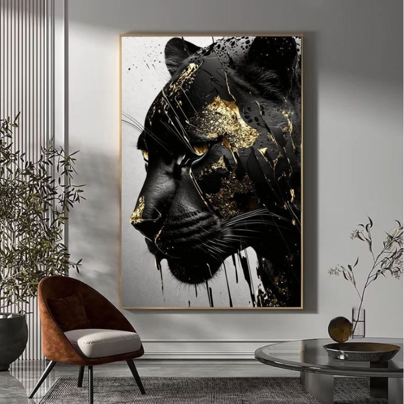 Lukisan dinding ruang tamu macan kumbang modern art painting