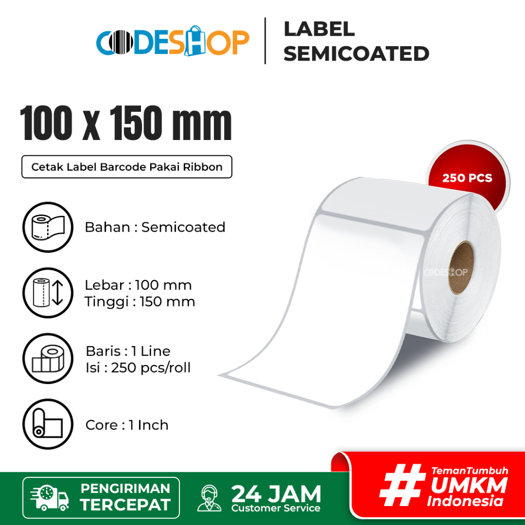 

Codeshop Stiker Label Barcode 100x150 5mm Semicoated 1 line isi 250 pcs