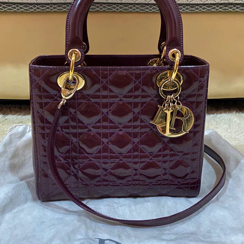 Lady Dior Patent Leather Purple Medium GHW 2014  - Authentic