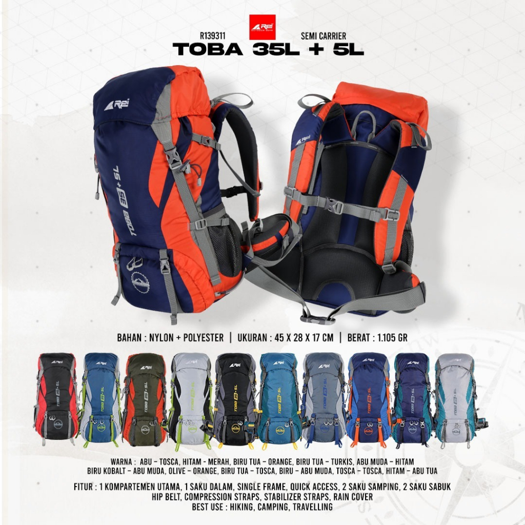 Tas Gunung / Semi Carrier TOBA 35+5L Arei OutdoorGear - Tas Ransel CARRIER Pria TOBA 40L - BACKPACK 