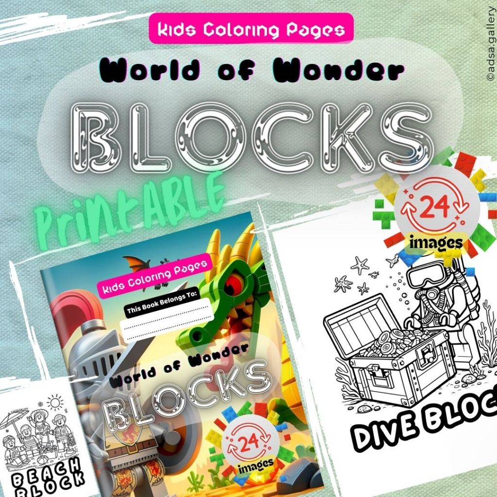 

Seri Dunia Block, Buku Gambar eksklusif tinggal print, terdiri dari 24 gambar Dunia Block Lego Mewarnai Anak yang Dapat Dicetak, Unduhan Digital