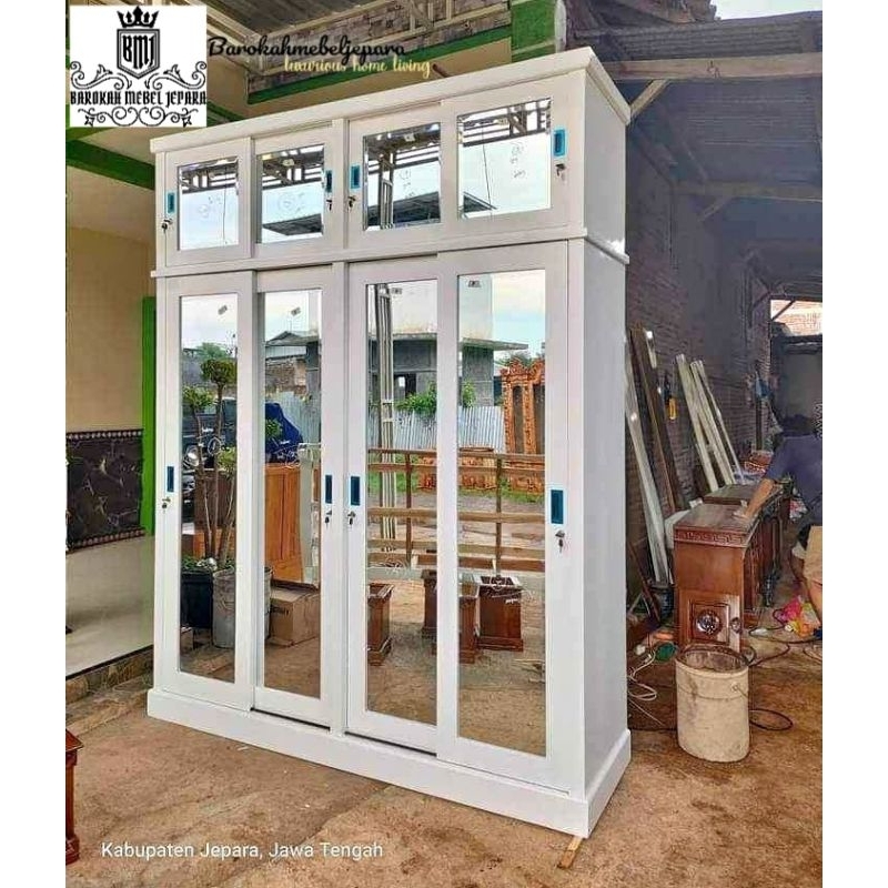 Lemari pakaian Sliding jati Duco putih , lemari pakaian tumpuk jati , lemari pakaian jumbo , lemari 