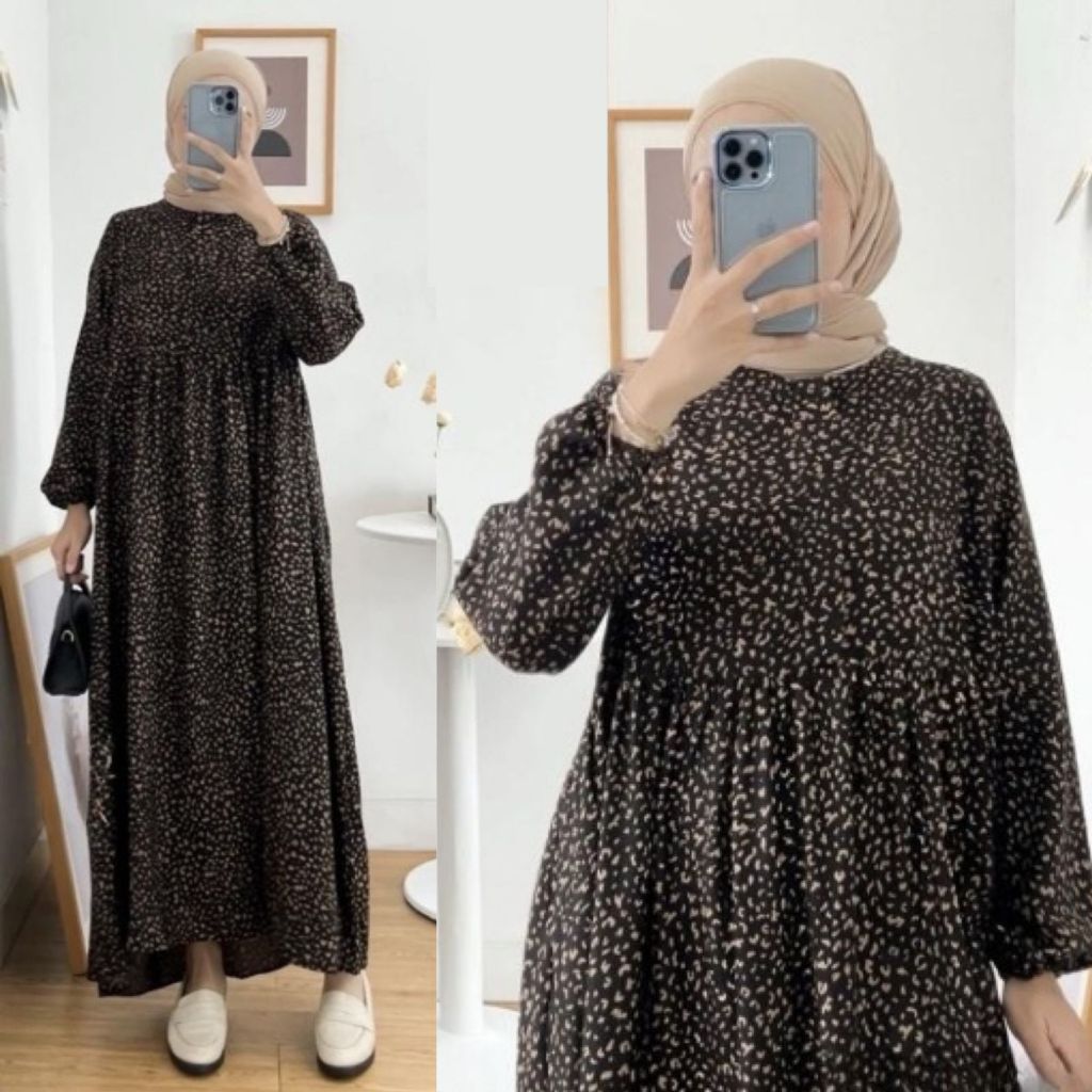 MIDI DRESS WANITA RAYON  / GAMIS RAYON ADEM BUMIL BUSUI FRIENDLY JUMBO-Leopard Hitam Milo