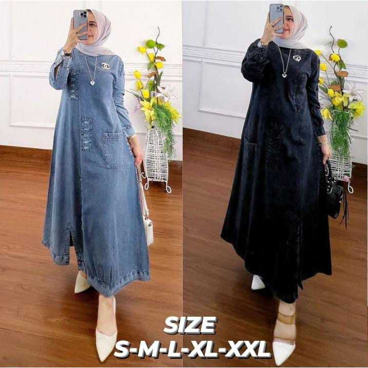 Gamis Jeans Briskan Maxy  Dress Light Snow  Baju Muslim  Pakaian Wanita Model Terbaru Jeans kekinian