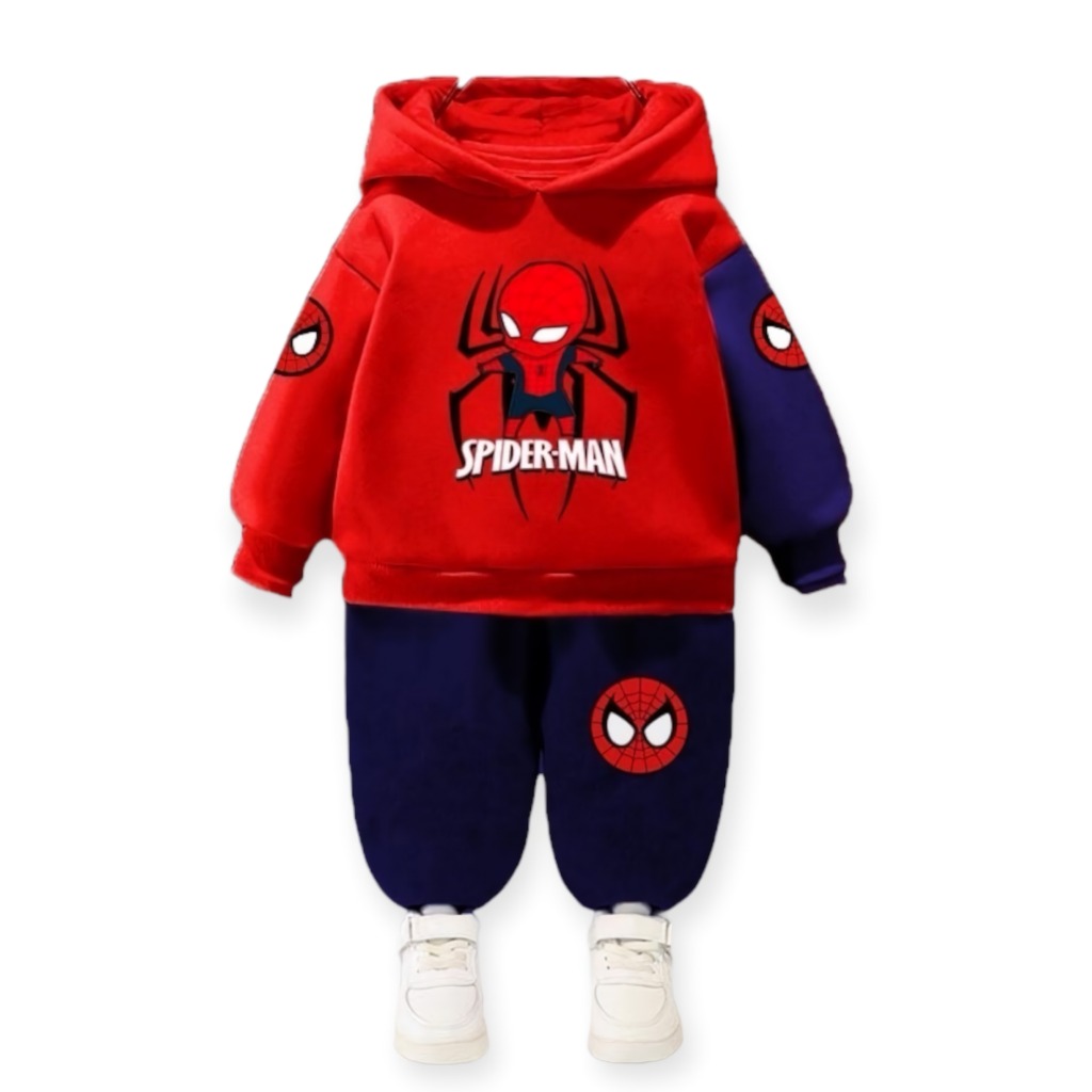 Baju anak laki laki setelan sweater hoodie spiderman merah plastisol celana joger babytery 1-5 tahun