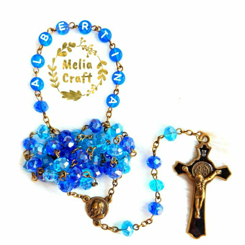 Rosario Nama Kristal Biru Gradasi Bronze Vintage