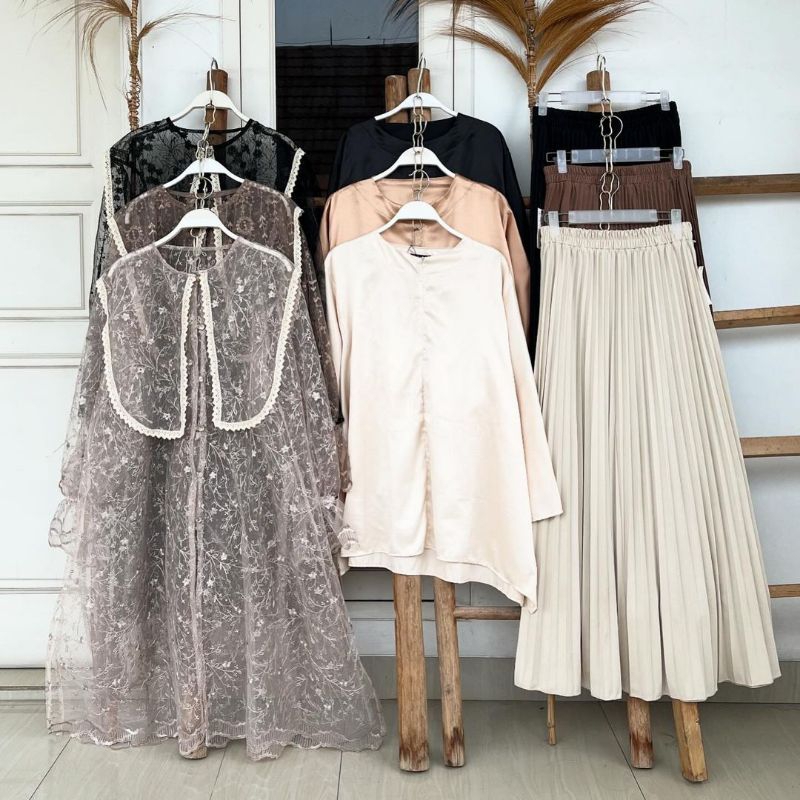 RB SAKHI Lace Set 3pcs (Tunic + Inner + Elegant Skirt) Leaf Series